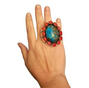 Turquoise Coral Statement Ring Size 7.75 Sterling Silver Southwestern Boho